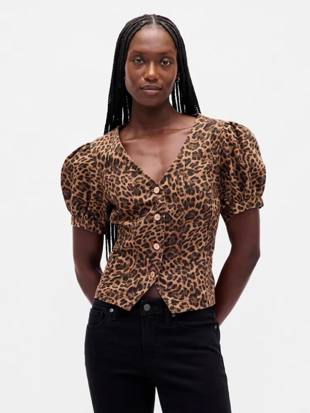 Gap Puff-Sleeve Seamed Leopard Print Blouse Top Small Mobwife BoHo Casual Office